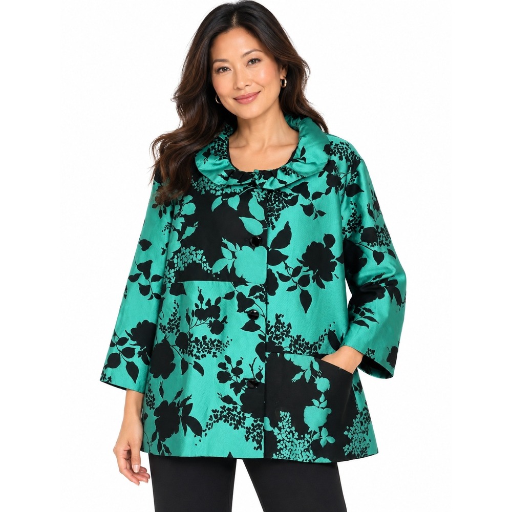 Ming Wang Teal Green Black Floral Jacquard Ruffle Collar Jacket Plus Size | 3X